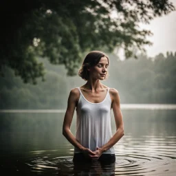 photography of a beautiful and happy anorexic woman, standing in lake water, eyes closed, meditation, white top, yoga flyer, brunette short wavy bob haircut, serenity, misty, relaxing image, white misty colors, foggy sunlight