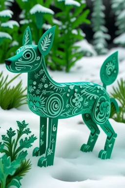 A bluish green tundra in winter season with falling snowflakes designed in Oaxacan Alebrijes