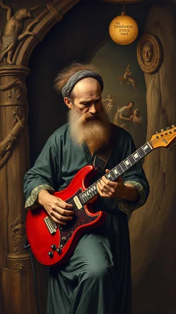 Hieronymus Bosch style , a man playing the electric guitar