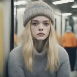 Elle Fanning, sad,in the metro in the style of a polaroid, , blue, Grey, beige,orange, with a knitted hat, eyes closed