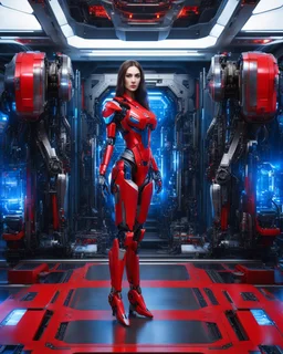 length image full body photo realistic high details beautiful woman long hair with body mechanical robot red and blue inspired design by optimus prime transformer robot sense of technology future,in room futuristic spaceship background