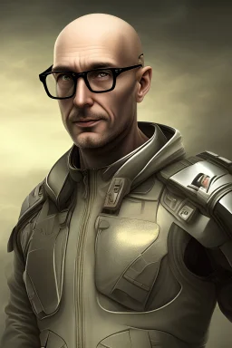 A bald guy with glasses against the background of the apocalypse