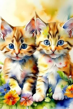 2 Beautiful kittens with flowers watercolors