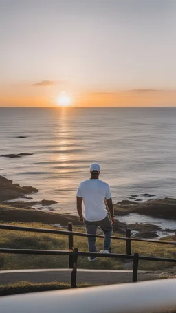 A man wearing a white Dad Hat, sunglasses, no chain, and looking at the sea and the sunrise