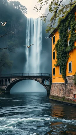 Cinematic slow motion: waterfall flowing in background, mist rising, river water rippling and reflecting, ivy leaves gently swaying on the yellow building, birds flying slowly in sky, subtle parallax camera push-in toward the bridge