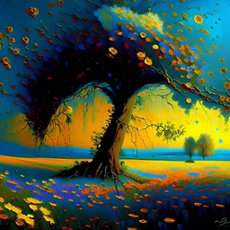 a painting of a tree and a field of flowers, a surrealist painting by Igor Zenin, deviantart, naturalism, apocalypse art, contrasting, global illumination