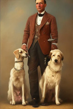 Make me a oil portrait of a very rich person from 1920 with a dog