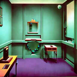 Room with odd creepy stuff and a liminalspace atmosphere in René Magritte style