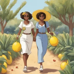 [illustration for the cover of Freedonian Las Chicas T-Girl 22] Lupe and Summer Breesley stroll to a nearby lemon grove for "a friendly game of catch."