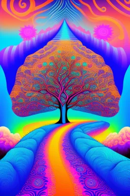 Psychedelic hassidic style artwork of a Path to heaven with a tree in the center, with bright and blue colors in a childish style