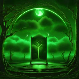 A realistic mirror reflecting nothing in a glowing emerald green place, moon in the background, chain on the ground, lightnings, tree