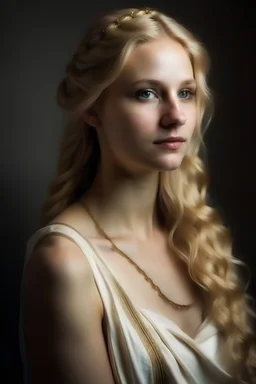 portrait of a woman who looks like an elegant, greek goddess; she is beautiful and has long blond hair, kind and gracious