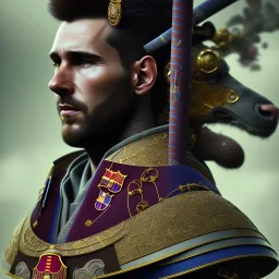 full portrai of perfect face lionel messi samurai gaspunk,perfect angle, high detail, volumetric lighting, tiny features, intricate detail,volumetric clouds