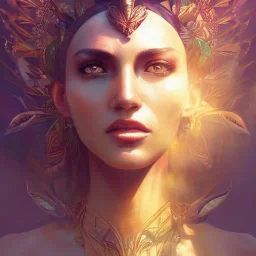 A queen sun woman, beautiful face with light eyes, tropical background, in the fantasy world , 8k resolution, fantasy concept art, by Greg Rutkowski, dynamic lighting, hyperdetailed, intricately detailed, deep, sun