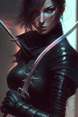 a woman in a black outfit holding a sword, concept art | artgerm, beautiful female assassin, snake assassin, ninjala, greg rutkowski and artgerm, 2. 5 d cgi anime fantasy artwork, cyberpunk assassin, female assassin, marc brunet, portrait ninja gaiden girl, anime fantasy artwork, kunoichi