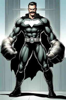 an extremely muscular superhero man wearing a black, skintight, formfitting cowl, a black, skintight, formfitting, Kevlar bodysuit, Silver Wrist Gauntlets, Silver Belt, Silver knee-high boots, black gloves, silver "M" logo on the chest, a mustache and goatee, black gloves,