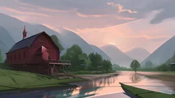 Looking across a torrential dangerous river to a village of new wooden houses, circular wooden church, and farm buildings, and mountains in the far distance, highly detailed, realistic, sunshine, RTX