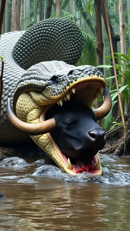 A giant Anaconda snake in the Amazon jungle swallowing a bull in her mouth ,