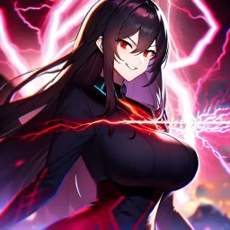 Clear focus, 8k, high quality, detailed, beautiful lighting, vibrant colors, black long hair, vibrant red eyes, girl, lightning magic, angry, smile