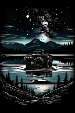 A sleek, digital camera rests on a weathered log, capturing a starry night sky reflected in a still mountain lake. The Milky Way stretches across the canvas, with a lone figure gazing upwards in wonder. Style: Geometric, Mood: Dreamlike, Lighting: Cool, starry night with a touch of moonlight on the lake, T-shirt design graphic, vector, contour, white background.