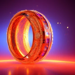 Ring made by wood roots and shreds of glass, orange diamonds sparkles, red rubi fragments around, blue lights reflexes, complex structure, gold details, intricate ring pattern,Unreal Engine 5, lens macro,sharp focus, realistic, hyper detailed, studio lighting, neon light ambient,