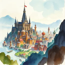 dnd, fantasy, watercolour, large strokes, stylistic, landscape, illustration, capital city, opulent, magnificent