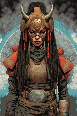 front facing full length portrait illustration of a grunge armored female , beaded dreadlock hair, cyberpunk vampire mercenary wearing an ornate japanese oni demon noh mask , and shemagh, highly detailed with gritty post apocalyptic textures, caught in a cosmic maelstrom of swirling gases , finely detailed facial features and hair, in the graphic novel style of Bill Sienkiewicz, and Jean Giraud Moebius, ink wash and watercolor with realistic light and shadow