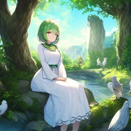 anime girl meditating pose, rock trees, birds, creek, very gorgeous anime girl dressed in white dress, very detailed, trees, birds flying, green trees, creek meditation pose, sitting on a rock, with rays of sun peaking through the trees, very detailed on hands and facial features, details on eyes, cheeks and nose, very specific hair and bangs and very detailed hands and fingers,eyelashes