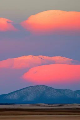 big rock mountains with and orange dawn sky with no clouds. mountains closer to the camara