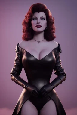 Rita Hayworth as evil queen in black leather, busty, cleavage, curvy, angry, stern look. character design by cory loftis, fenghua zhong, ryohei hase, ismail inceoglu and ruan jia. unreal engine 5, artistic lighting, highly detailed, photorealistic, fantasy