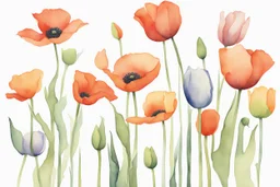 A minimalist watercolor painting of a group of poppies and tulips with a white background, inspired by the work of Luke Chueh. The flowers are losing their petals, but remain beautiful in their imperfection. The muted colors evoke a sense of poetry and spiritual evolution, while the connectedness of the flowers is emphasized by their placement on a postage stamp. This painting would make a great addition to any Pinterest board.