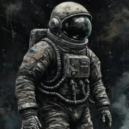 An astronaut from 1970 , Hyper Realistic Aerial Grungy Dark-Grey Brush strokes on a dark rustic background with charcoals