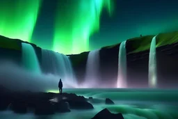 big waterfall with waves and northern lights in summer with 2 people