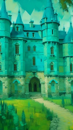 A greenish blue defensive chateau with shields painted by Vincent van Gogh