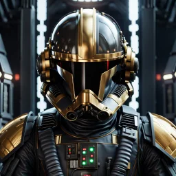 star wars bald male corellian pilot wearing gunmetal grey and black First Order TIE pilot armored flightsuit and helmet with gold trim inside the jedi temple, centered head and shoulders portrait, hyperdetailed, dynamic lighting, hyperdetailed background, 8k resolution, volumetric lighting, light skin, fully symmetric details