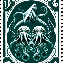 Cthulhu and Orca on a postage stamp