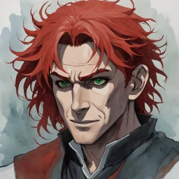 dnd, fantasy, watercolour, portrait, illustration, male, face, green eyes, determined, happy, red hair, very long hair, radiating light, five o'clock shadow