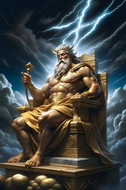 "Behold the majestic figure of Zeus, ruler of the heavens, as he sits upon his throne of clouds, his lightning bolt in hand, ready to strike down any who dare challenge his divine authority."