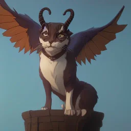 A cat gargoyle with goat horns and wings the size of a cat Nick Harris style