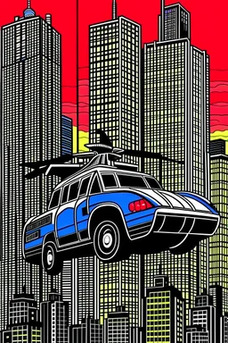 punisher sku;; city car helicopter chase in the style of Hiroshi Nagai