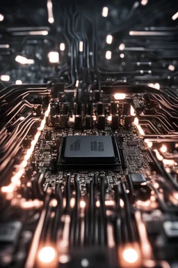 Create me picture of motherboard with blurred lights behind it