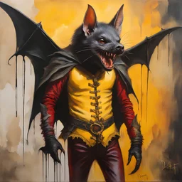 a Hideous, horrifying, frightening Snow White the vampire bat, wearing a red leather sling suit with a gold/yellow bat emblem on the waist, dark, multicolored watercolor stained wall in the background, oil painting in the art style of Frank Frazetta, 32k UHD, Hyper realistic, photorealistic, realistic, sharp, highly detailed, professional quality, beautiful, awesome, majestic, superb, trending on artstation