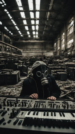 a person with a gas mask in an abandoned big massive factory, playing with a modular synth piano