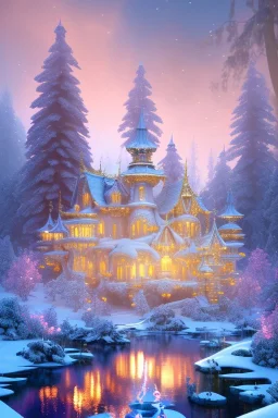 a magical crystal snow bleu gold house in the woods, pink vertical, blue lake,sharp, vines, candlelit, endor, ornate, elegant, highly detailed, artstation, concept art, smooth, sharp focus, illustration, 8k, splash art, wallpaper, key visual