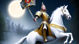 king rides white horse from the castle gate