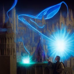 Cleric casting a magic spell, rooftop view, projecting hologram in the form of a shield, 8k resolution, high-quality, fine-detail, iridescent, intricate, detailed matte, volumetric lighting, illustration, brian froud, howard lyon, selina french, anna dittmann, annie stokes, lisa parker, greg rutowski, simon stalenhag