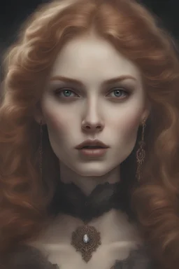 Alexandra "Sasha" Aleksejevna Luss render eye candy oil paiting style Artgerm Tim Burton, subject is a beautiful long ginger hair vampire with fangs biting a female's neck, romantic, close faces, bite, feed, victorian dress, victorian background style of in the Paris, 70mm, high detail, hyper detailed, photographic detail, UHD, unreal engine 5, headshot render, octane render, bokeh,