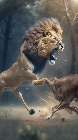 A lion attacking a deer, a realistic picture, a cinematic scene, more accurate hdr