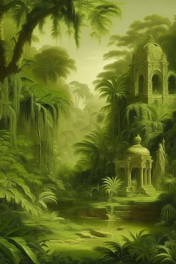 An olive green jungle with mysterious ruins painted by Leonardo da Vinci