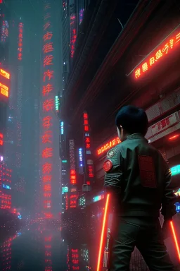 Still Thriller movie, Kaneda of Akira anime, neotokyo city background, retro futuristic style, glow eyes, cinematic, Ultra realistic, wide angle view, soft color, highly detailed, unreal engine 5, RTX, ultra detail, volumetric lighting, 3d, finely drawn, high definition.